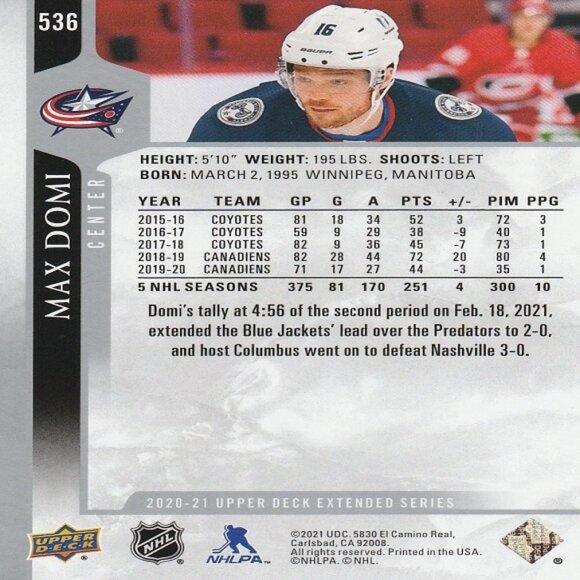 Max Domi - 20202021 Upper Deck Extended Series Card - Picture 2 of 2